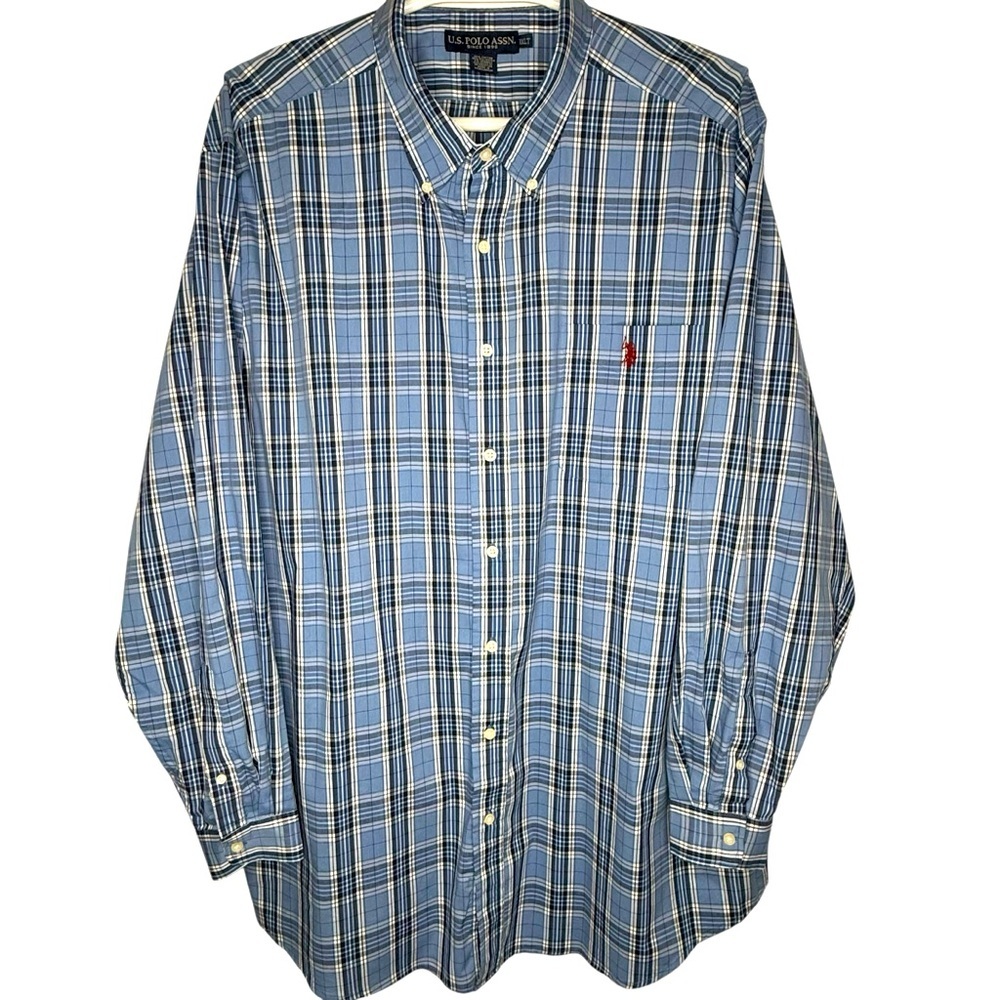 U.S. Polo Assn Check Plaid Print Long Sleeve Button Down Shirt 3XLT Blue White